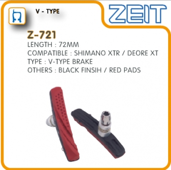 Колодки тормозные на велосипед Колодки тормозные Z-721 для V-brake, картриджные, резьбовые, 72мм, чёрный корпус, красный картридж, совместимость: Shimano xtr/deore xt, блистер