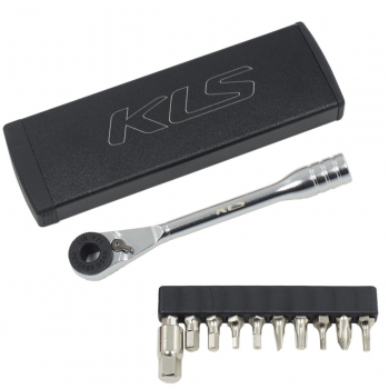 Ключ-трещотка KLS MATE чёрный с 11 битами: шестигранники 2/2,5/3/4/5/6/8, T25/T10, Philips, шлицевая отвёртка, в стильном алюминиевом кейсе