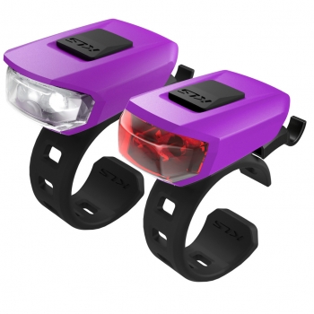 Комплект освещения KLS VEGA фиолетовый: 10лм/3лм, 2x LED, режимы: 100% (180ч), 50% (360ч), мигающий (360ч), батарейки 2хCR2032 в компл., универсальное крепление на руль и подс. штырь, влагозащита IPX 4