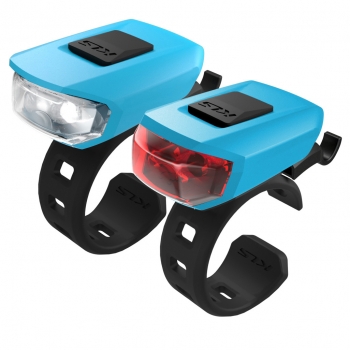 Комплект освещения KLS VEGA голубой: 10лм/3лм, 2x LED, режимы: 100% (180ч), 50% (360ч), мигающий (360ч), батарейки 2хCR2032 в компл., универсальное крепление на руль и подс. штырь, влагозащита IPX 4