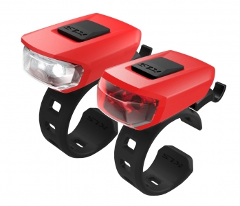 Комплект освещения KLS VEGA красный: 10лм/3лм, 2x LED, режимы: 100% (180ч), 50% (360ч), мигающий (360ч), батарейки 2хCR2032 в компл., универсальное крепление на руль и подс. штырь, влагозащита IPX 4